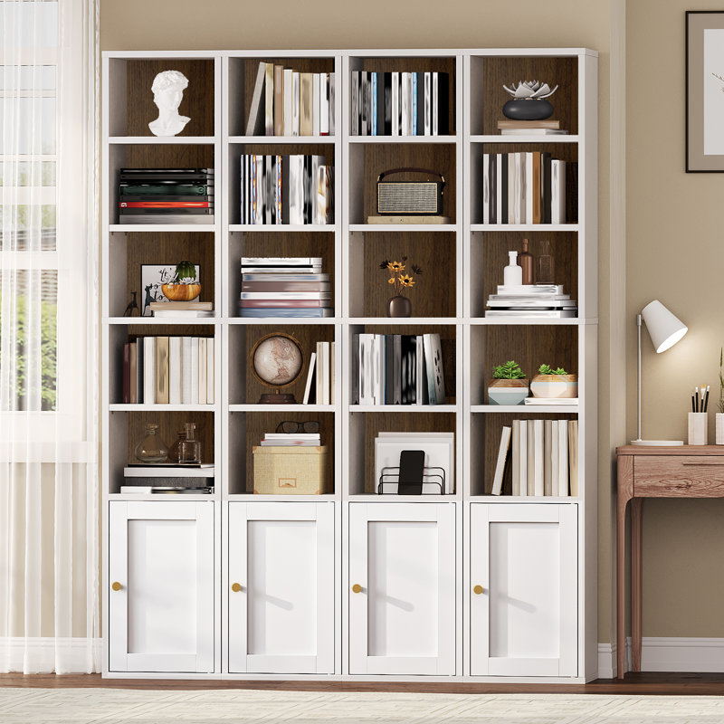 Bibliothèque étroite de 158 cm de haut avec armoire de rangement, bibliothèque d'angle mince à 7 niveaux avec tablettes ajustables