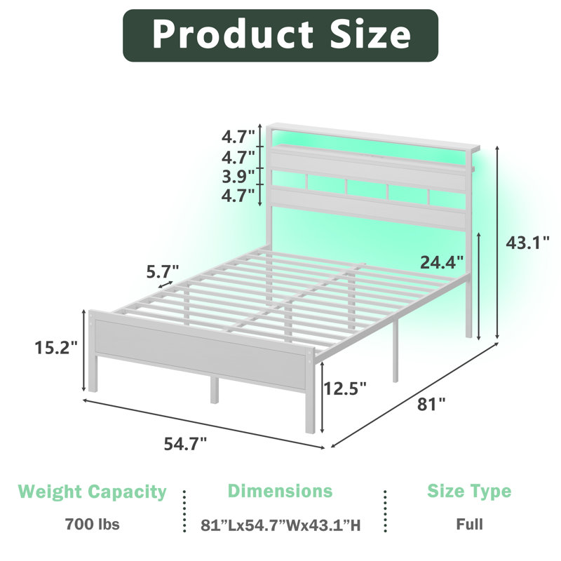Full Bed With Led Light And Charging Station, Storage Headboard, No Box Spring Needed, White, Full, White