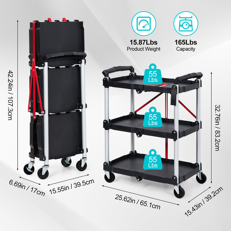 Collapsible Utility Cart, 3-Tier Foldable Service Cart with 360° Swivel Wheels, Red