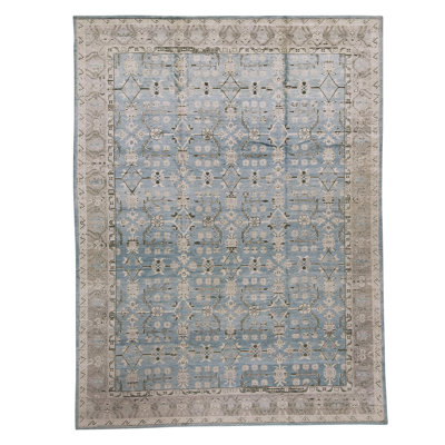 Tapis bleu / gris clair noué à la main de haute qualité et unique