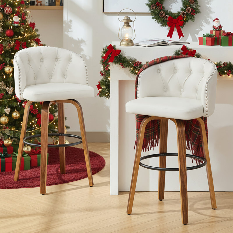 Ensemble de 2 tabourets de bar pivotants à hauteur de comptoir, 2 chaises d'îlot de cuisine modernes avec dossier large, pieds en bois massif et garniture cloutée
