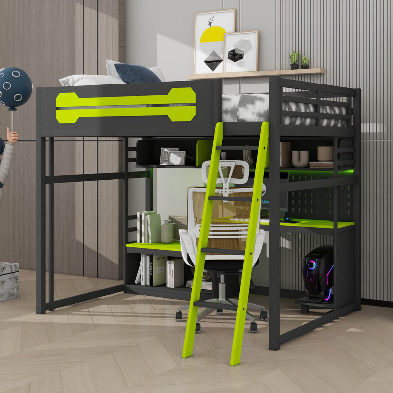 Lit mezzanine double en bois avec bureau intégré et éclairage, avec tablettes de rangement, Noir/vert