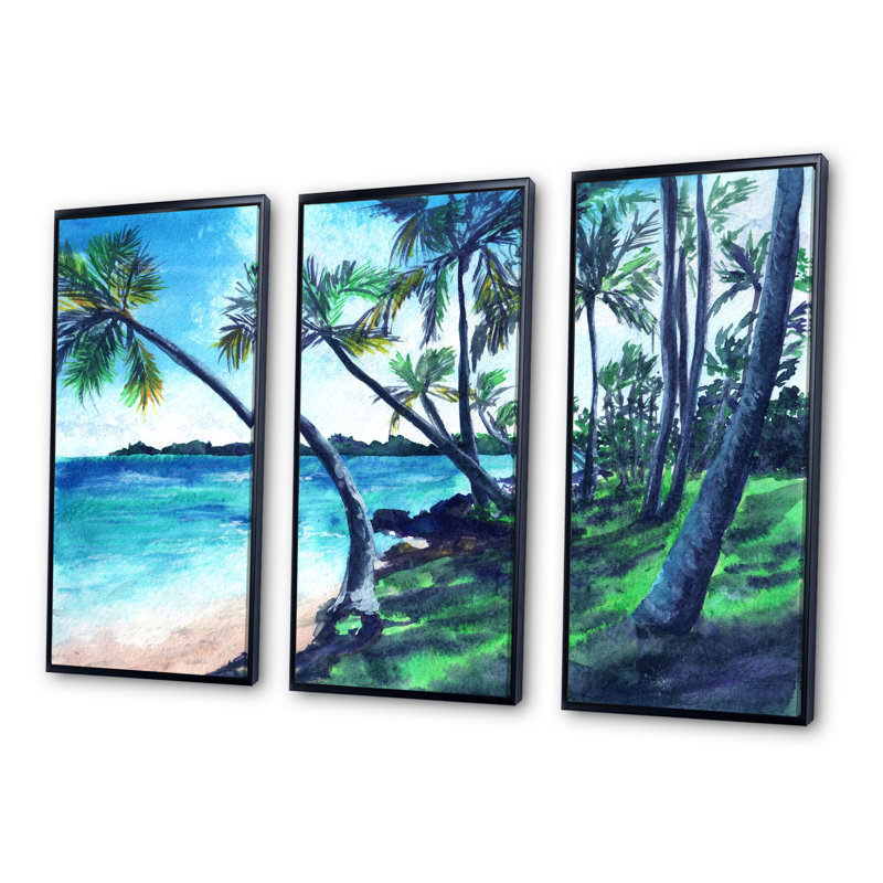 «Tropical Beach In Summer Paradise», peinture sur toile flottante 3 pièces, L 36 po x H 28 po, Cadre noir