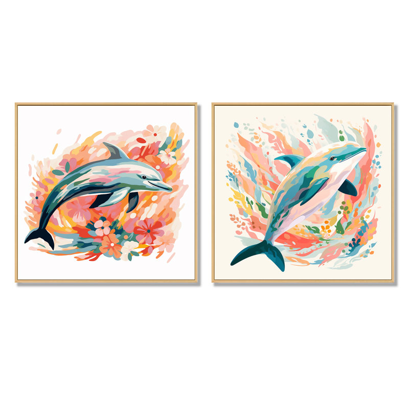 «Dive Dolphins Grace I - Dolphin», ensemble de 2 reproductions d'art sur toile, Encadrement brun, H 16 po x l 33 po x P 1 po