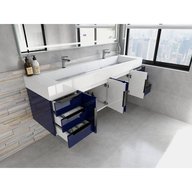 Jessica 72'' Wall-Mounted Single Bathroom Vanity, Navy Blue