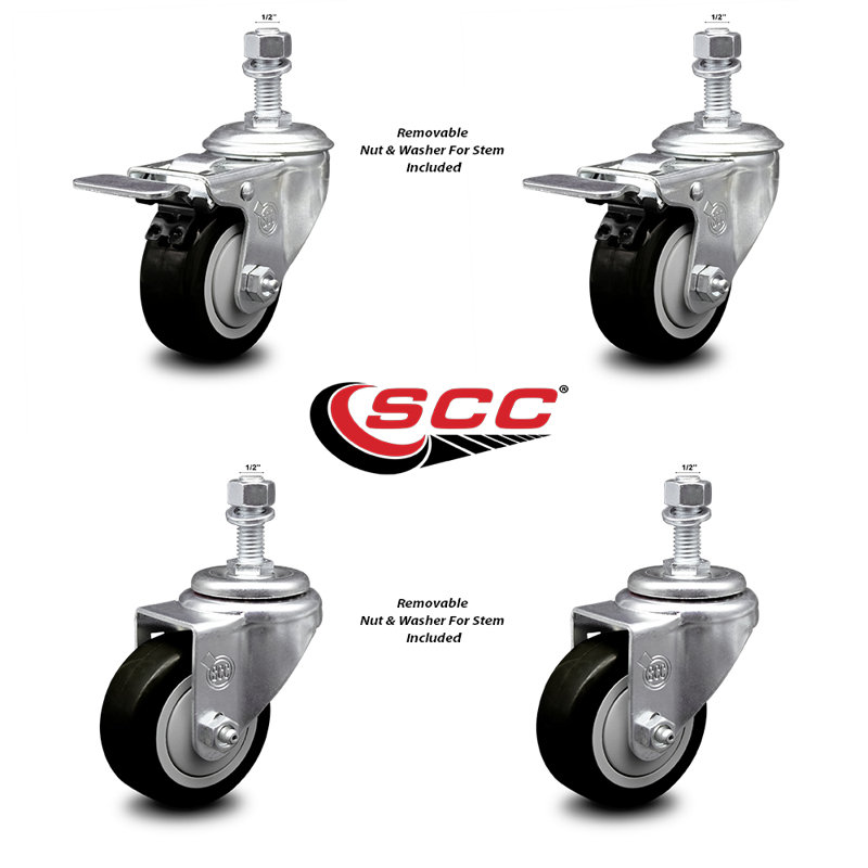 Polyurethane Swivel ½ Inch Stem Caster Set 2 Total Lock Brake SCC
