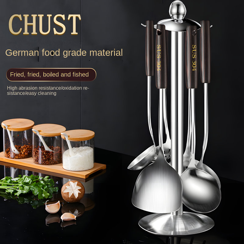 Ensemble d'ustensiles de cuisine en acier avec poignée en bois pour la cuisson et l'agitation