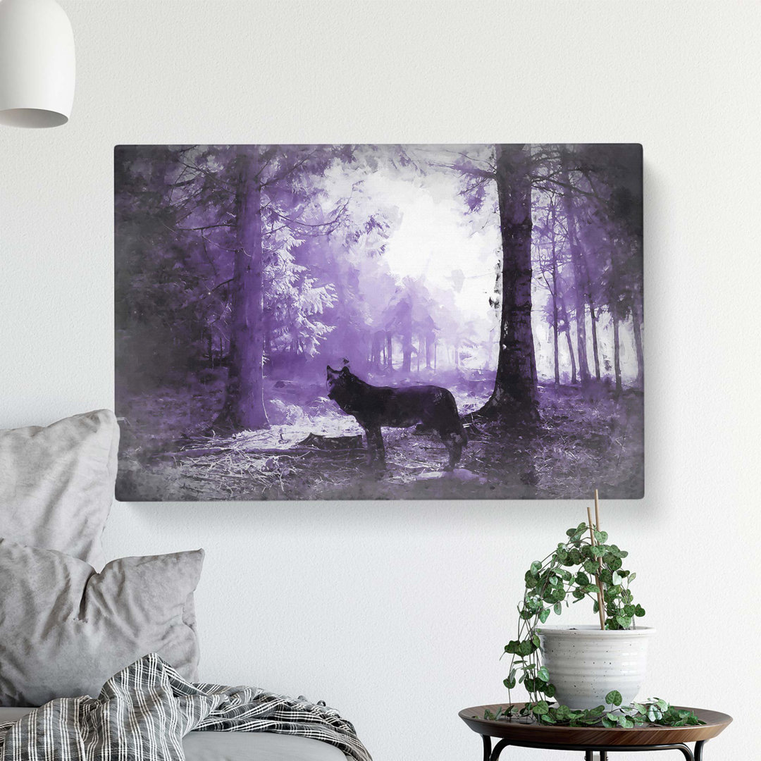 Black Wolf in a Purple Forest - Wrapped Canvas