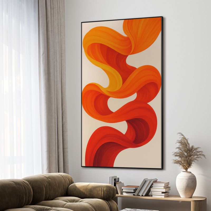 Très grande reproduction d'art sur tissu - Ruban abstrait à motif torsadé orange et rouge, œuvre d'art contemporaine pour le salon ou la chambre à coucher - «Assemblage requis du cadre (cadre non fini)»