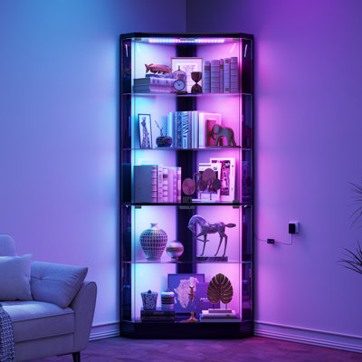 5-Tier Lockable Corner Bookcase with Colorful Lights & Motion Sensor