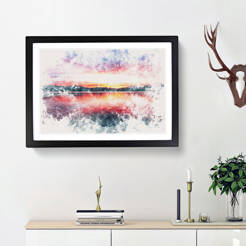 Sunset over Lake Windermere - Picture Frame Graphic Art Print, 33cm H x 45cm W x 2cm D, Black Framed