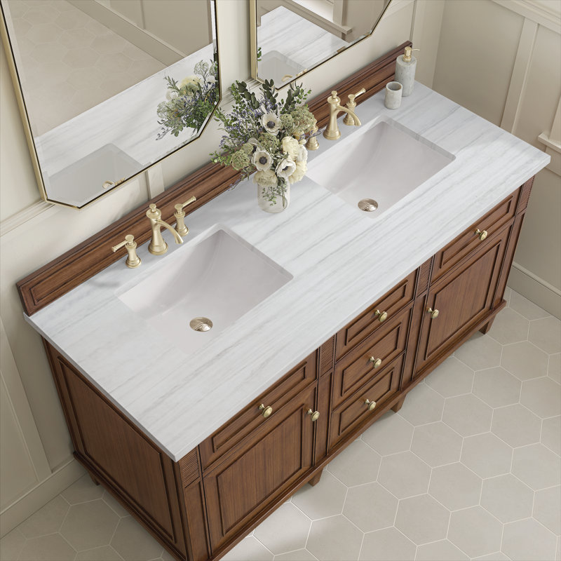 Lorelai 60'' W Double Vanity, Mid-Century Walnut, Carrara White, 8" Widespread