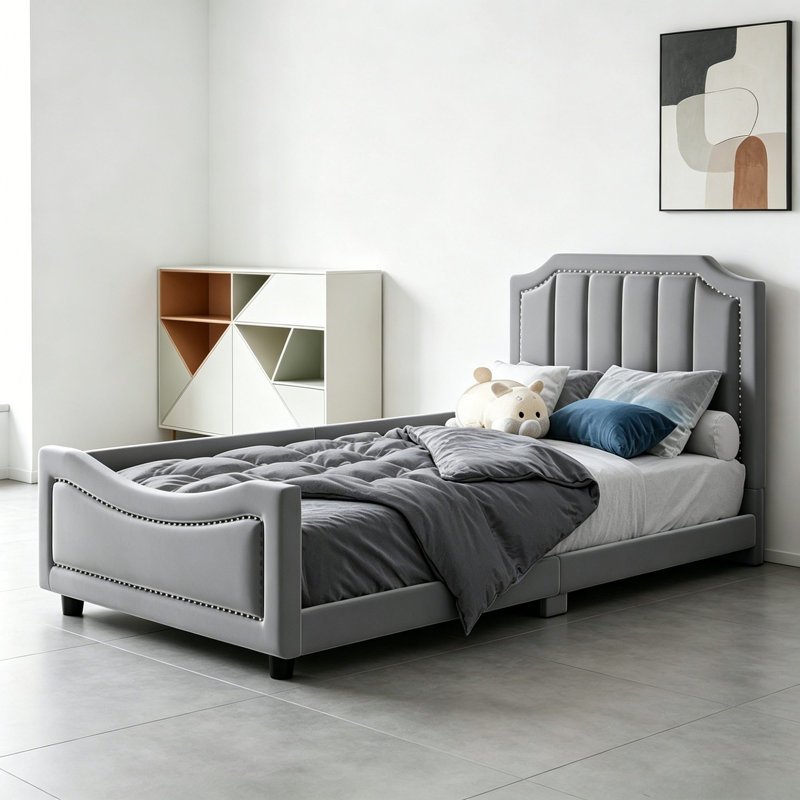 Lit de jour simple simple tapissier avec tête de lit capitonnée, Gris