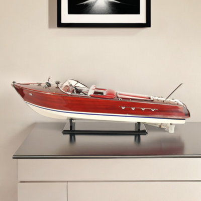 Bateau décoratif peint en bois manufacturé 10 po rouge, blanc et brun