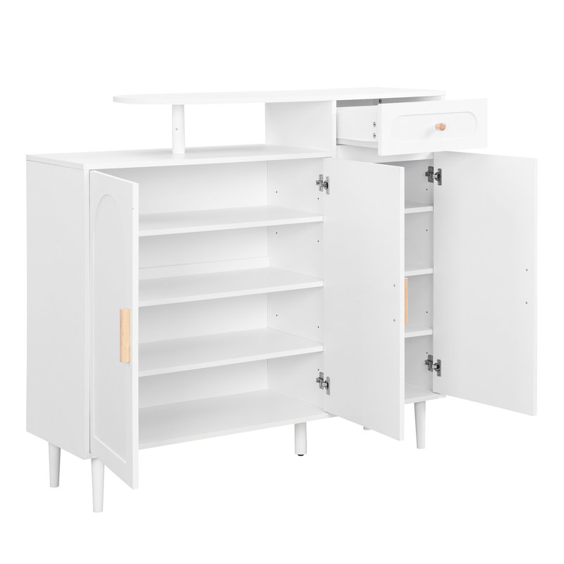 Shoe Cabinet With Arched Design And Solid Structure, White, For Living Room, Entryway, Adjustable Shelves, White Curved Design, Drawer, Area, Attractive