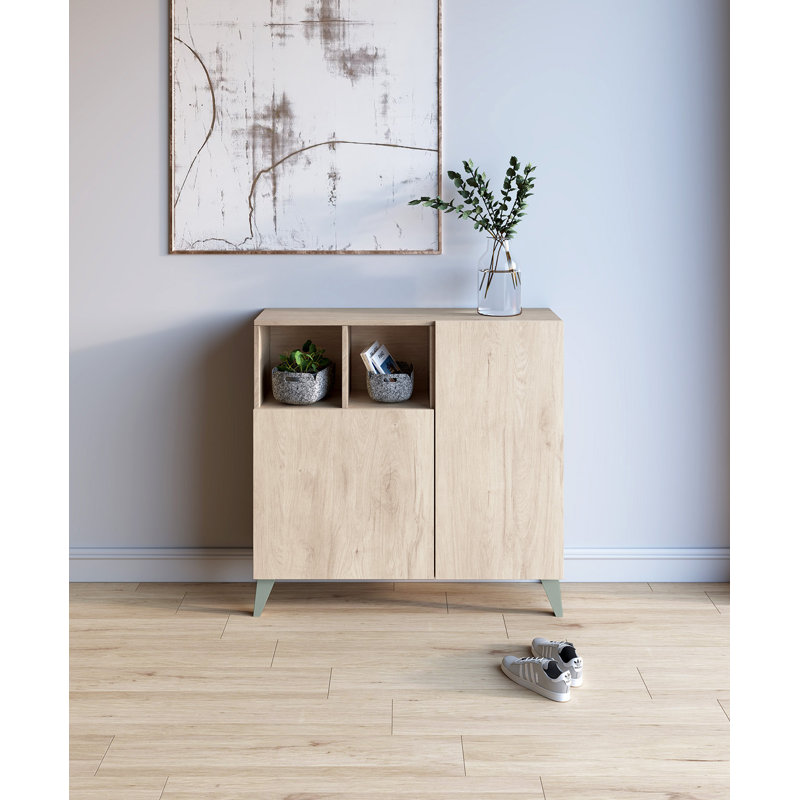 12 Pair Shoe Storage Cabinet, Light Oak/Green
