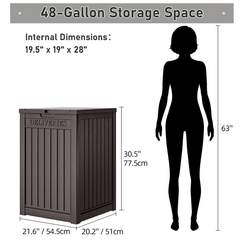 48 Gallon Storage Box With Lockable Secure, Large Double Wall Resin Outdoor Waterproof Deck Box, Package Delivery Box For Porch
