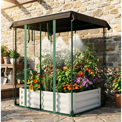 Ensemble de jardin surélevé 72 po x 36 po x 12 po avec toile d'ombrage et arrosage, pot à fleurs en métal 3-en-1 avec filet anti-insectes et système d'égouttement, lit surélevé extérieur galvanisé à arrosage automatique pour fleurs de légumes