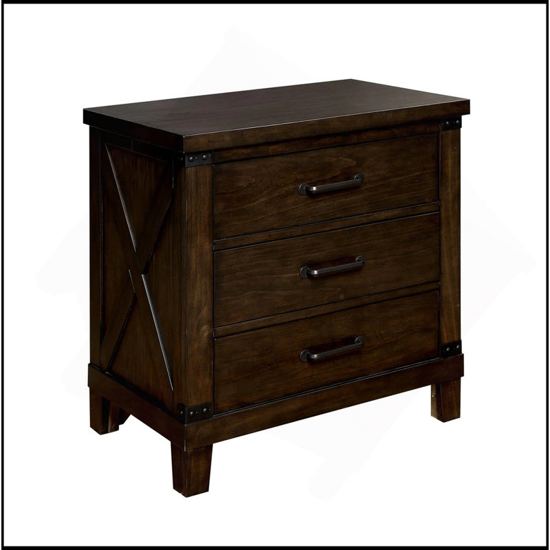 Table de chevet à 3 tiroirs en bois massif de style rustique avec finition noyer foncé et poignées de bar noires