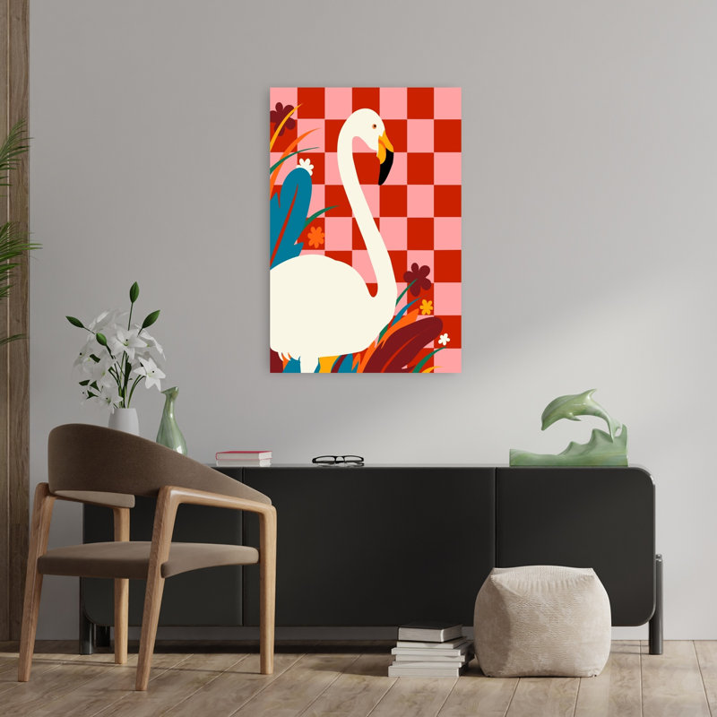 Flamingo Checkerboard Garden Bold Contemporary Modern Bird Wildlife Wall Art Print 1 Piece Wrapped Canvas Wall Art