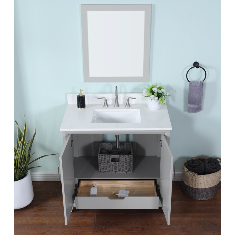 Luton 36" Single Bathroom Vanity Cabient With White Quartz Top, Sink & Backsplash. Modern Gray. Pre-Assembleb