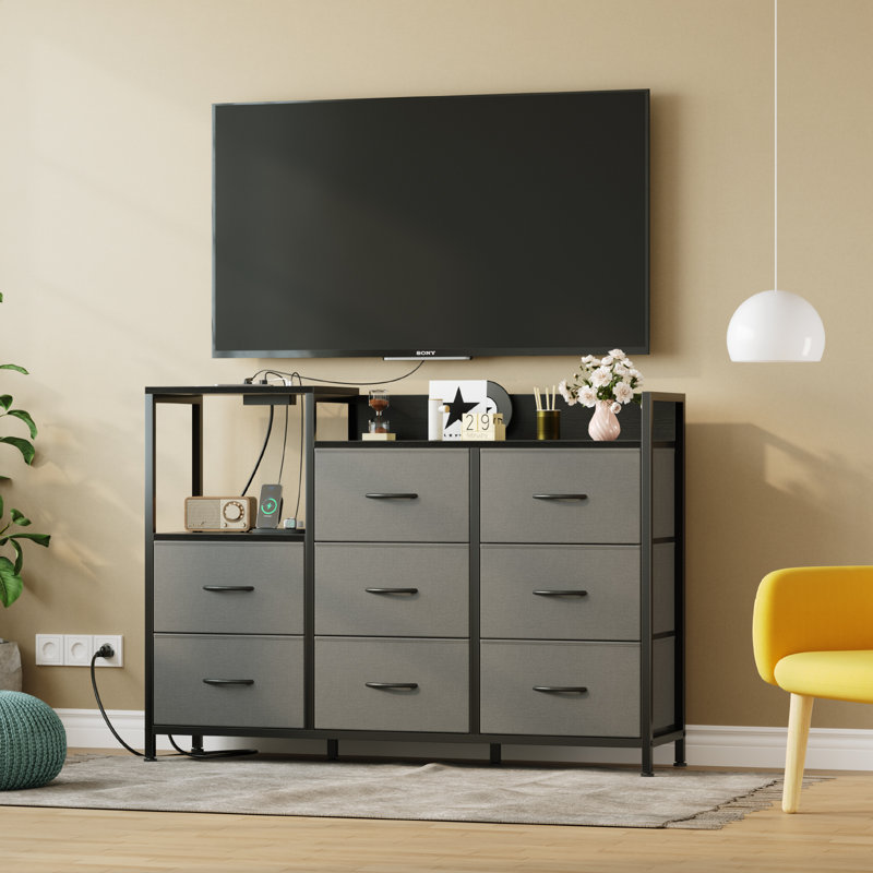 TV Stand with Open Storage Shelves and Charging Station, Entertainment Center with 8 Fabric Drawer, TV Media Console Table with Wood Top, Storage Organizer