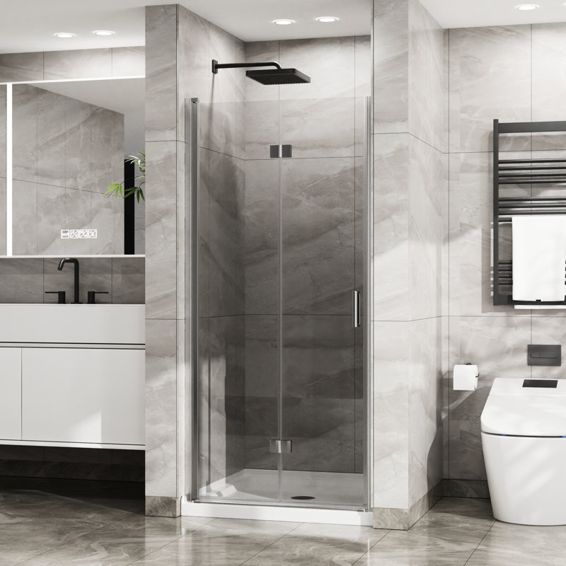 34"X 72" Glass Shower Door. Finish. 1/4" Tempered Pivot Swing. Foldable For Space Saving. Zinc Alloy Parts To Rust & Corrosion. Seals Water Leakage. 180 Pivot. Easy Installation Clear Glass. Swing
