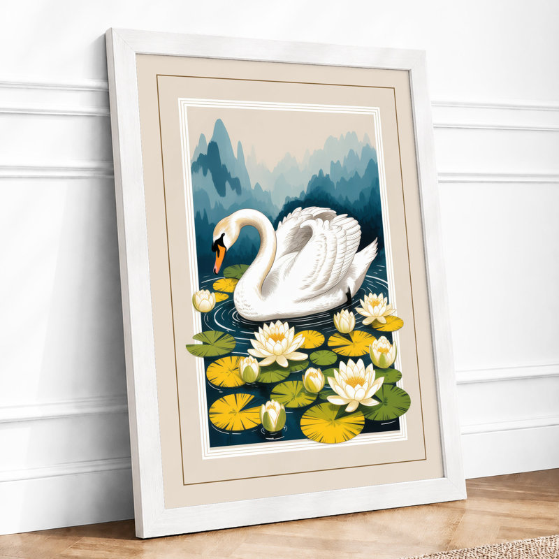 Swan Among Blossoms Botanical - Framed Print, A3 - 42.0 x 29.7 cm, White