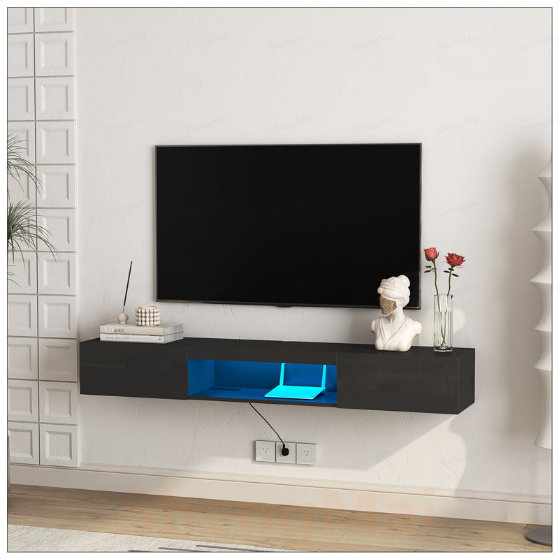 Meuble télé flottant fixé au mur avec 16 DEL, centre de divertissement moderne pour téléviseurs de 55 à 65 pouces, finition ultrabrillante et grand rangement