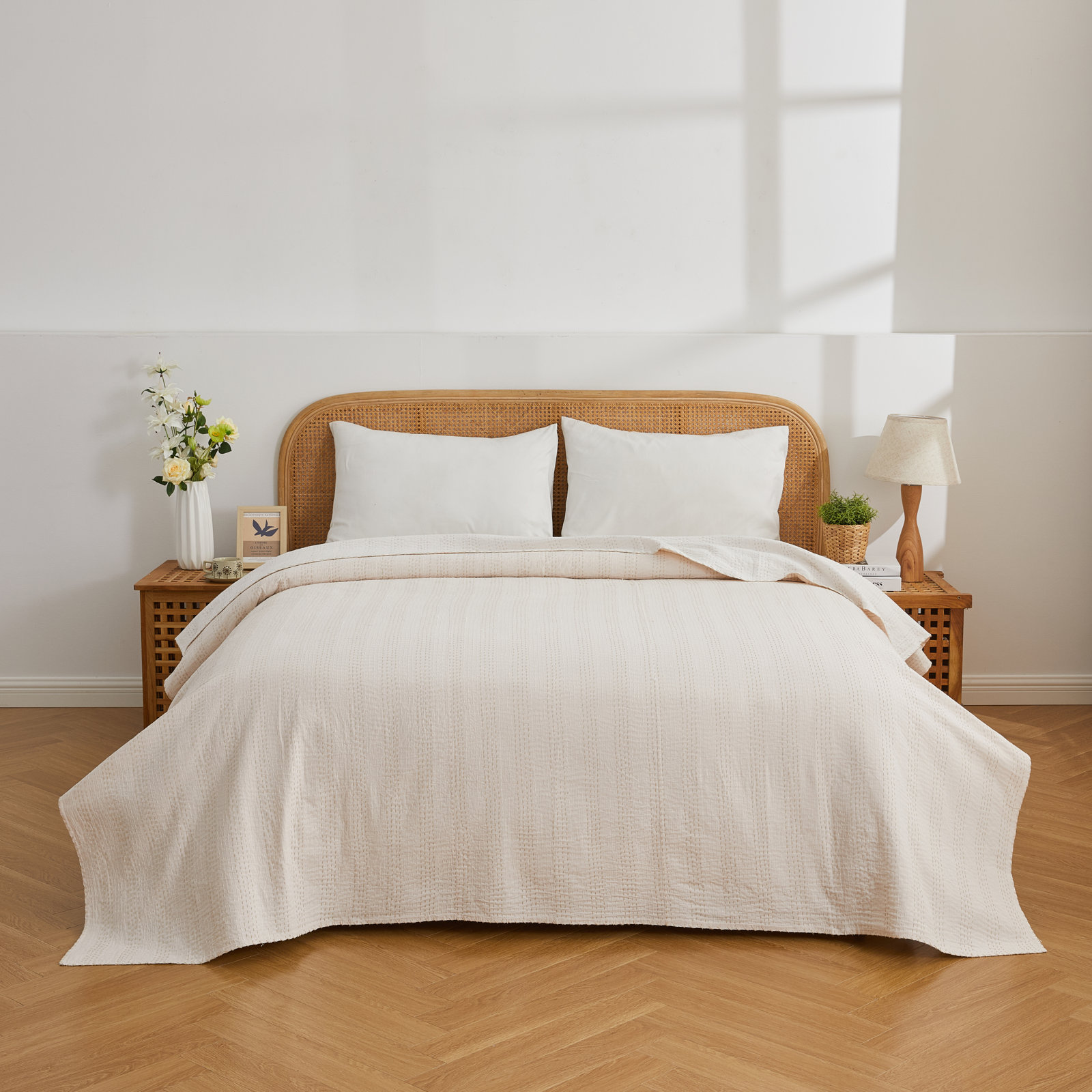 Soild Kantha Cotton Coverlet Set, Queen Coverlet, Cream