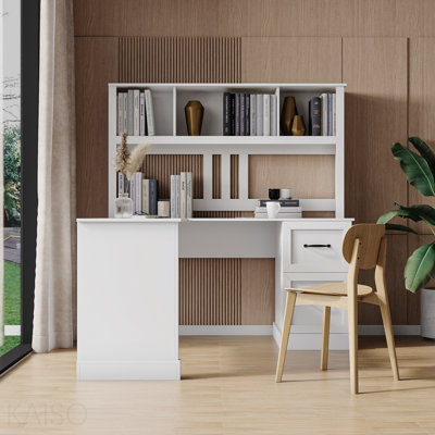 Home Office Computer Desk With Hutch, Antiqued White Finish