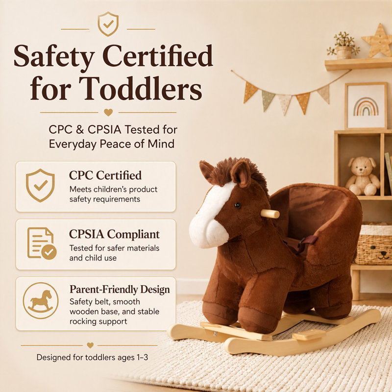 Safe Baby Rocking Horse With Sound Effects, Plush Stuffed Animal Ride On Toy With Safety Belt For Toddlers 1-3 Years Old, Wooden Rocker For Indoor & Outdoor Play