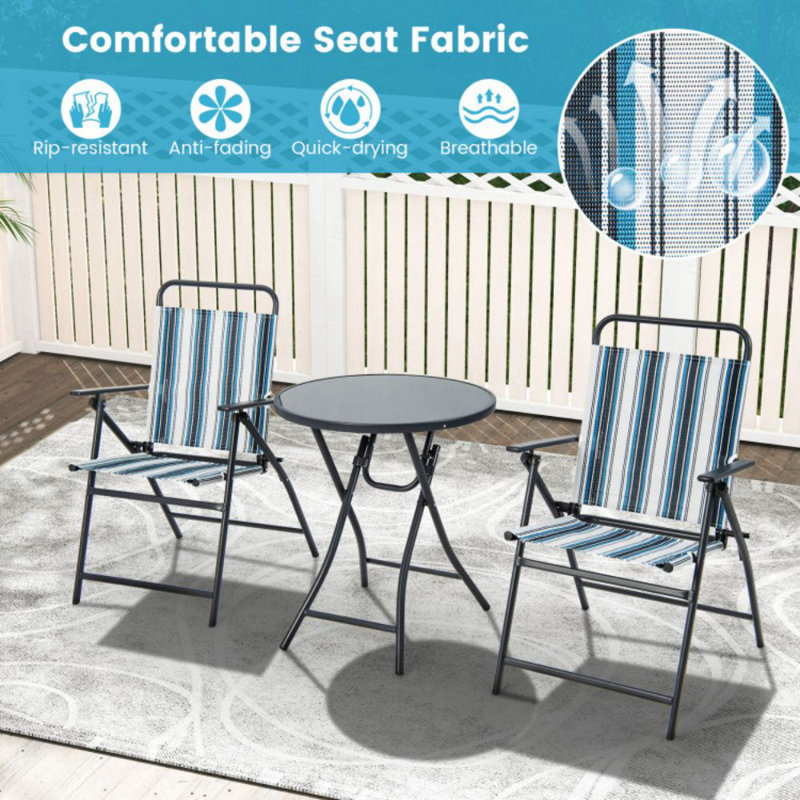 Blue Striped Metal and Fabric Outdoor Folding Chair Set