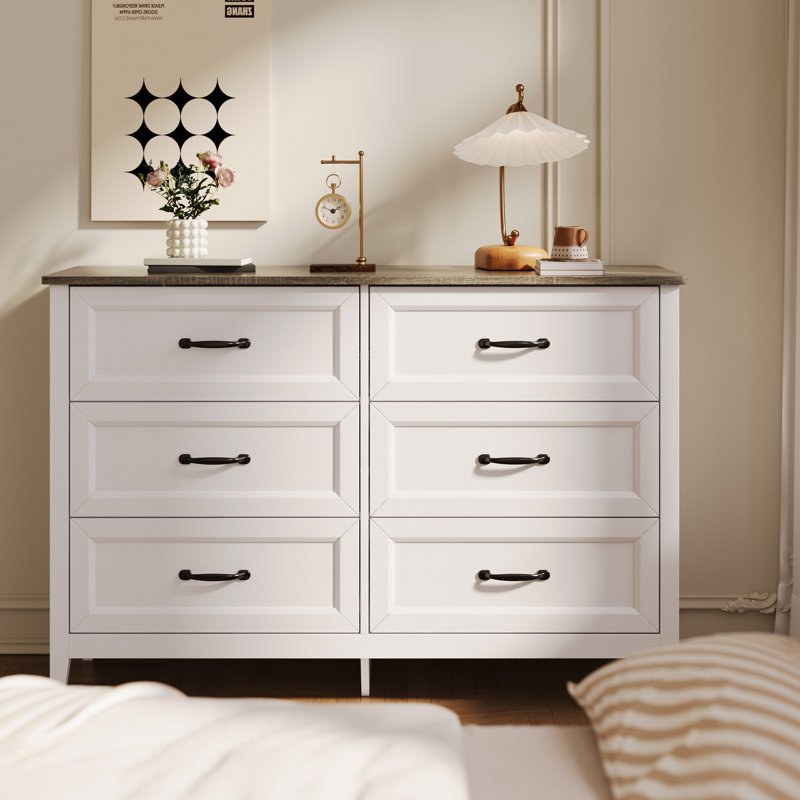 Commode double à 6 tiroirs l 47,2 po avec tiroirs coulissants et rangement, Blanc / beige