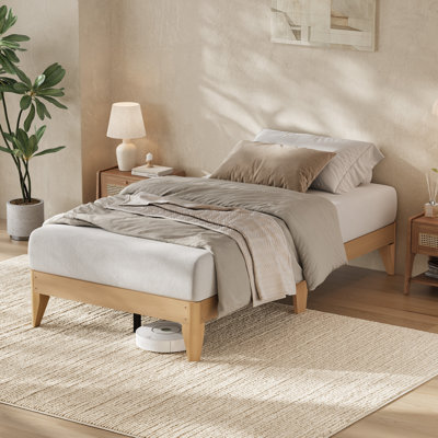 Base de lit plateforme simple en bois, pieds et lattes en bois, support central en métal, silencieux, aucun sommier requis, assemblage facile, bois naturel