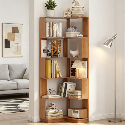 Bibliothèque de coin autoportante en forme de L à 6 niveaux pour le salon, la chambre à coucher, la bibliothèque en bois avec panneau anti-chute et dispositif anti-basculement, étagère de rangement ouverte pour le bureau personnel chêne foncé