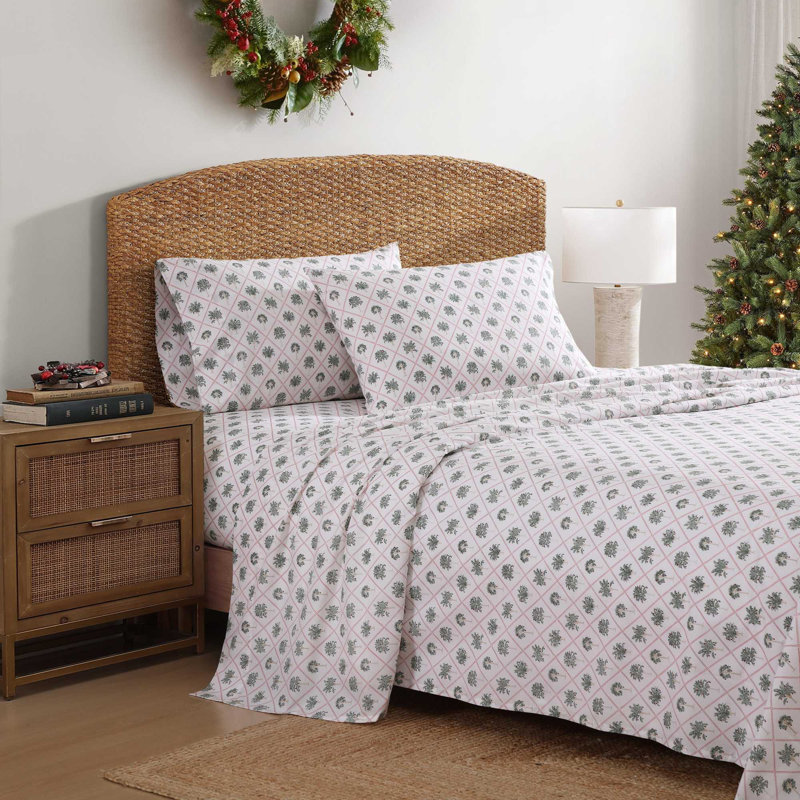 Tommy Bahama Printed Percale Cotton Sheet Set, King Sheet Set with 2 Pillowcases, Pink Block Trees