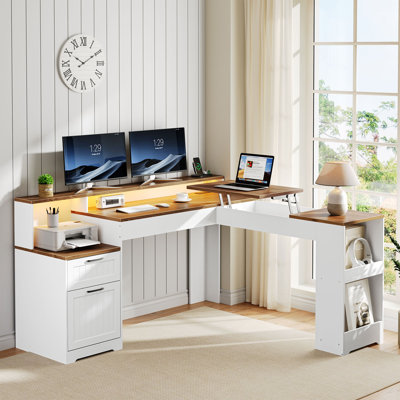 L-Shaped Desk With RGB Lighting & Power Outlets, Home Office Computer Desk With Drawers and Lift-Top Design