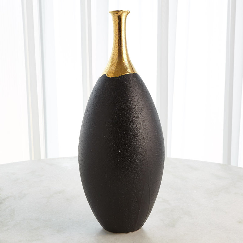 Craquelé doré trempé / vase mince noir, H 24 po x l 10 po x P 10 po
