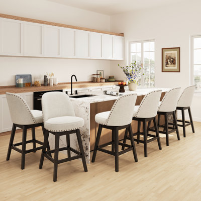 Vintage Upholstered Swivel Bar Stool with Solid Wood Legs
