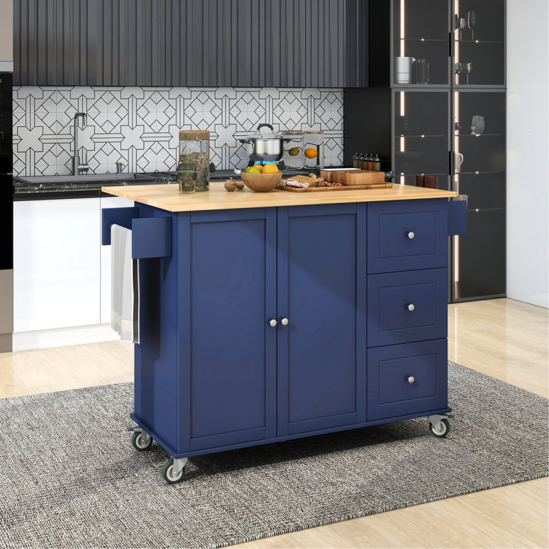 Rolling Mobile Kitchen Island - Solid Wood Top & Locking Wheels. Storage Cabinet With Drawers. Drop Leaf Breakfast Bar. Dark Blue Finish