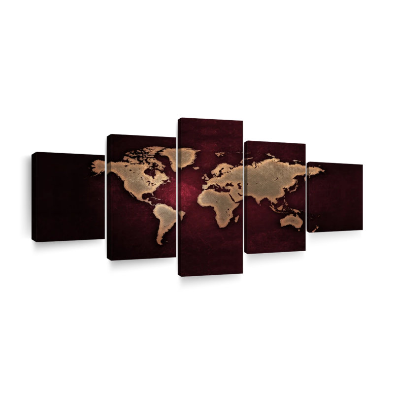 Carte du monde marron - ensemble de 5 toiles tendues, H 42 po x l 92 po x P 1,25 po