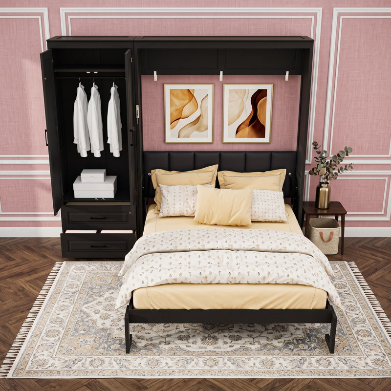 Grand lit escamotable mural avec garde-robe de rangement, tiroirs de rangement et tête de lit tapissier, Black