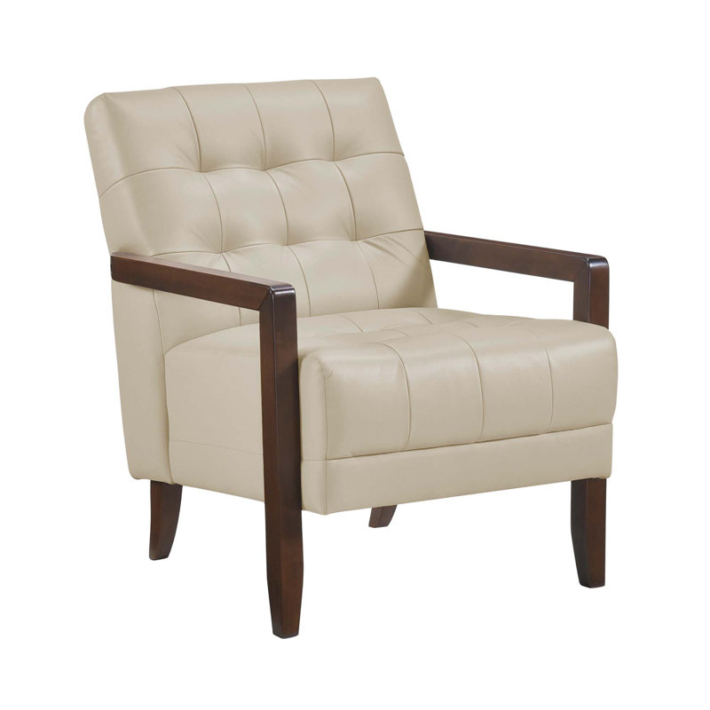 Chaise d'appoint en cuir de style moderne et capitonnée avec détails en bois et finition noyer, Beige