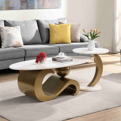 2 tables de salon dorées - ovales et rondes, paire de tables rondes élégantes