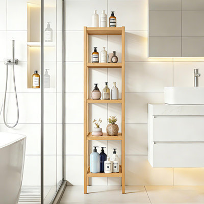 Bamboo Storage Shelf 5-Tier Multifunctional Shelving Unit with Slatted Shelves Standing Towel Rack Corner Rack for Bathroom Entryway Bedroom Kitchen Living Room Balcony