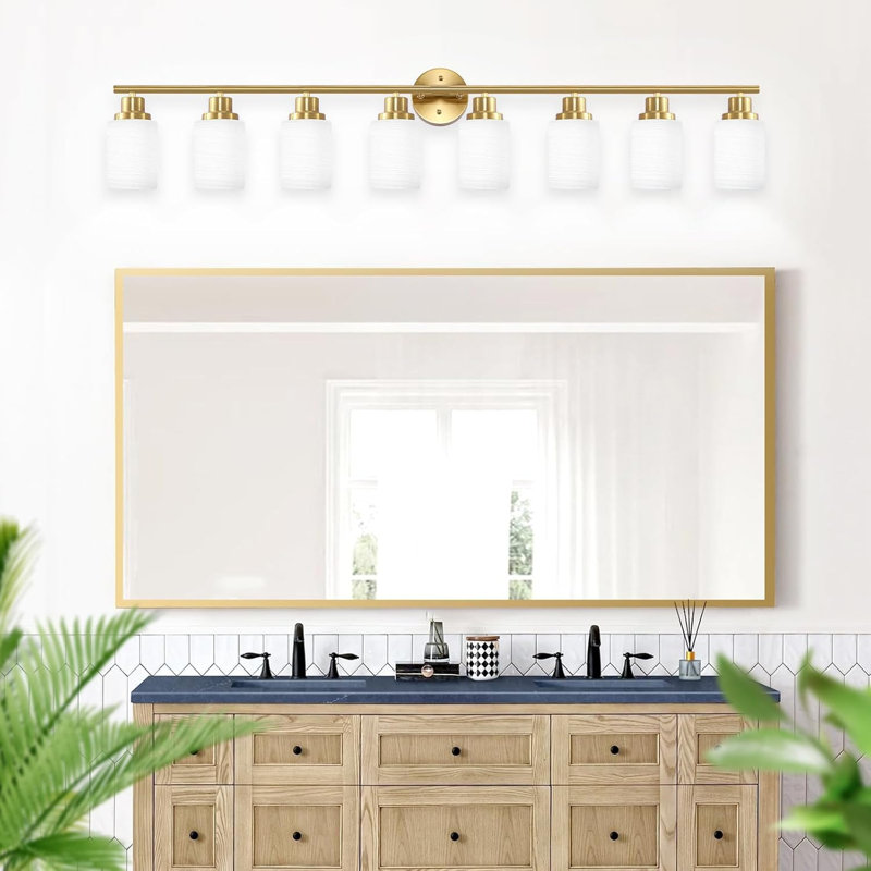 Luminaire de miroir de salle de bain 8 lumières, verre givré blanc cuivre, Cuivre, 8
