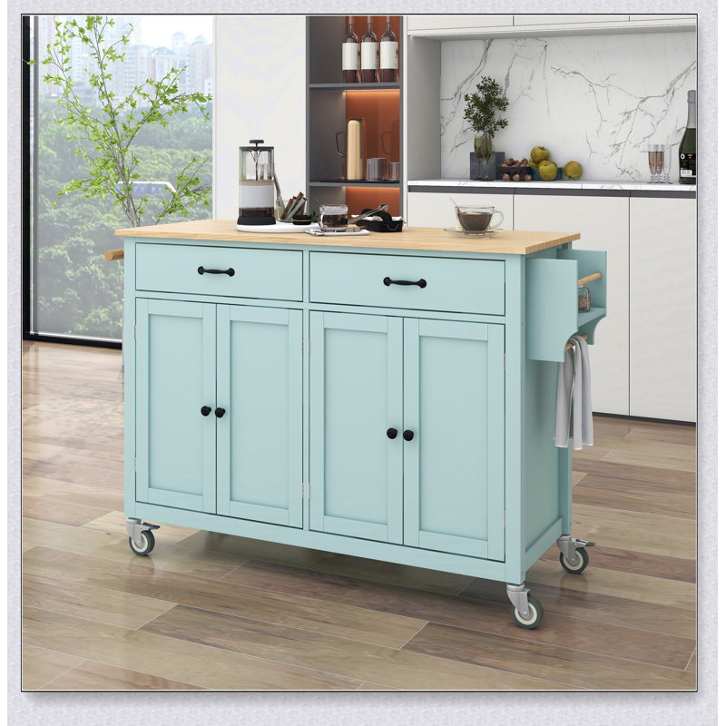 Chariot pour îlot de cuisine avec plateau en bois massif et roulettes verrouillables, armoire à 4 portes et tiroirs