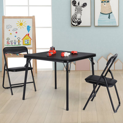 Ensemble de 3 tables pliantes et chaises pour enfants, ensemble de table et chaise pour enfants rembourrés, ensemble de table pliable en métal et de chaises pour manger, lire, jouer, noir