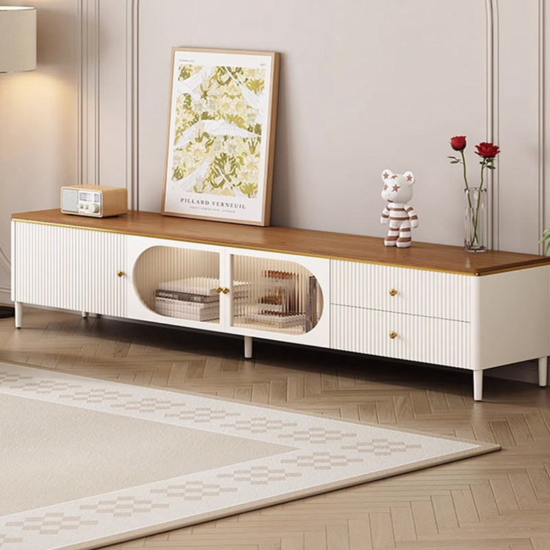 Meuble télé moderne et minimaliste en bois massif, Brun / Blanc, H 17,71 po x L 86,61 po x l 15,74 po
